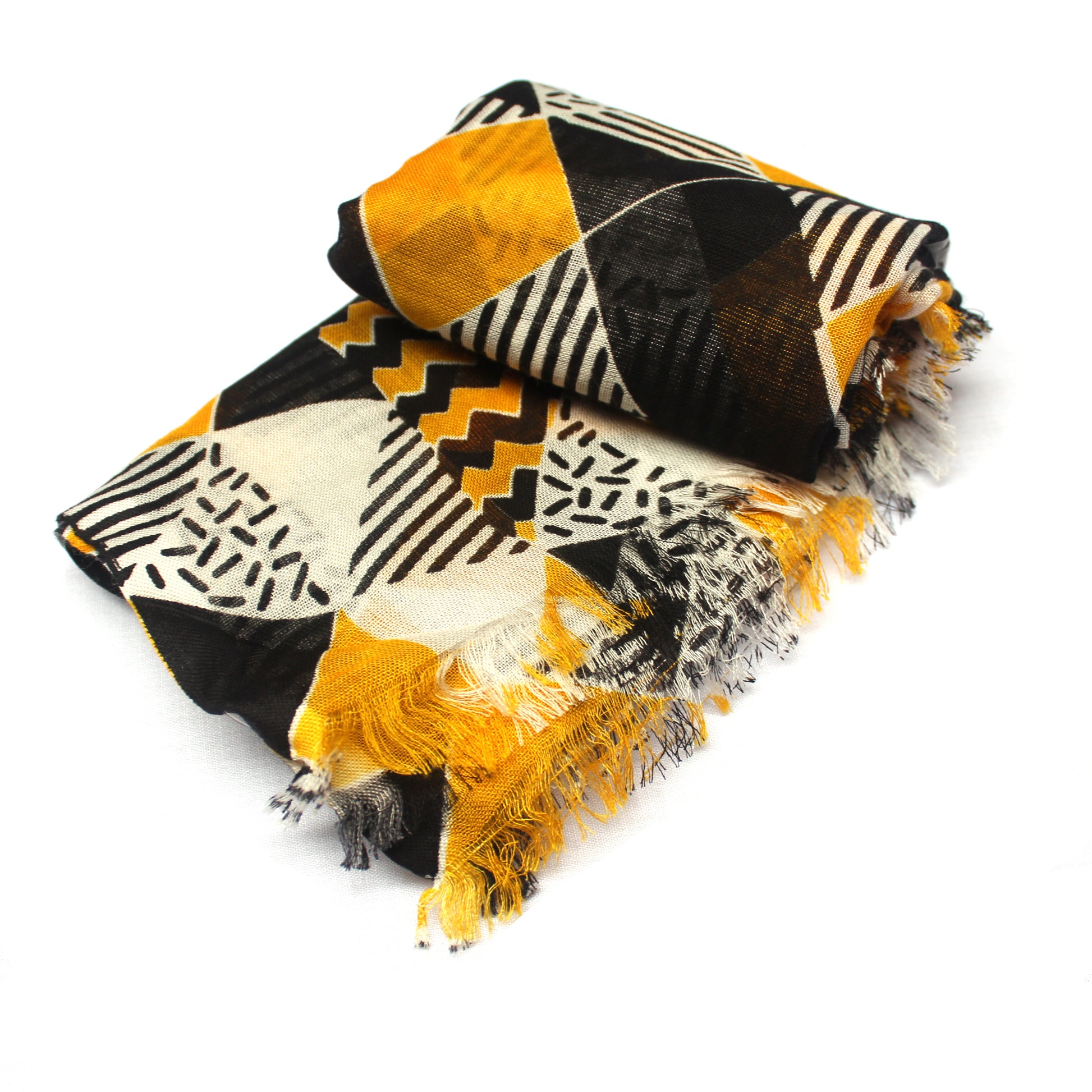 Cotton Rayon scarf flat lay showing yellow black scarf
