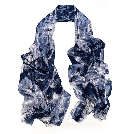 Cotton Rayon scarf flat lay showing abstract blue scarf