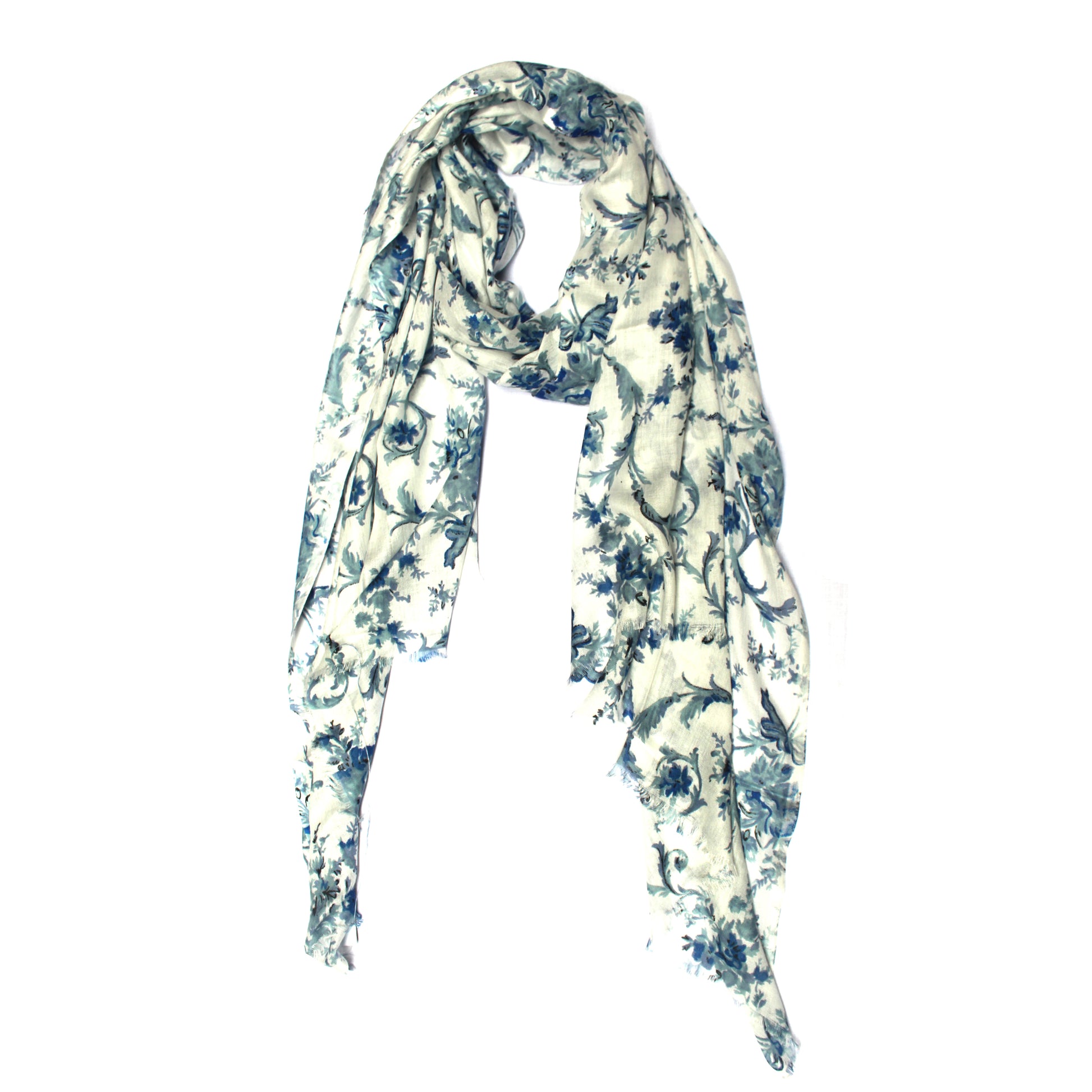 Cotton Rayon scarf flat lay showing blue floral stole