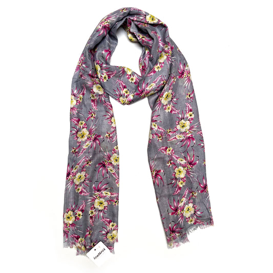 Cotton Rayon scarf flat lay showing grey floral stole