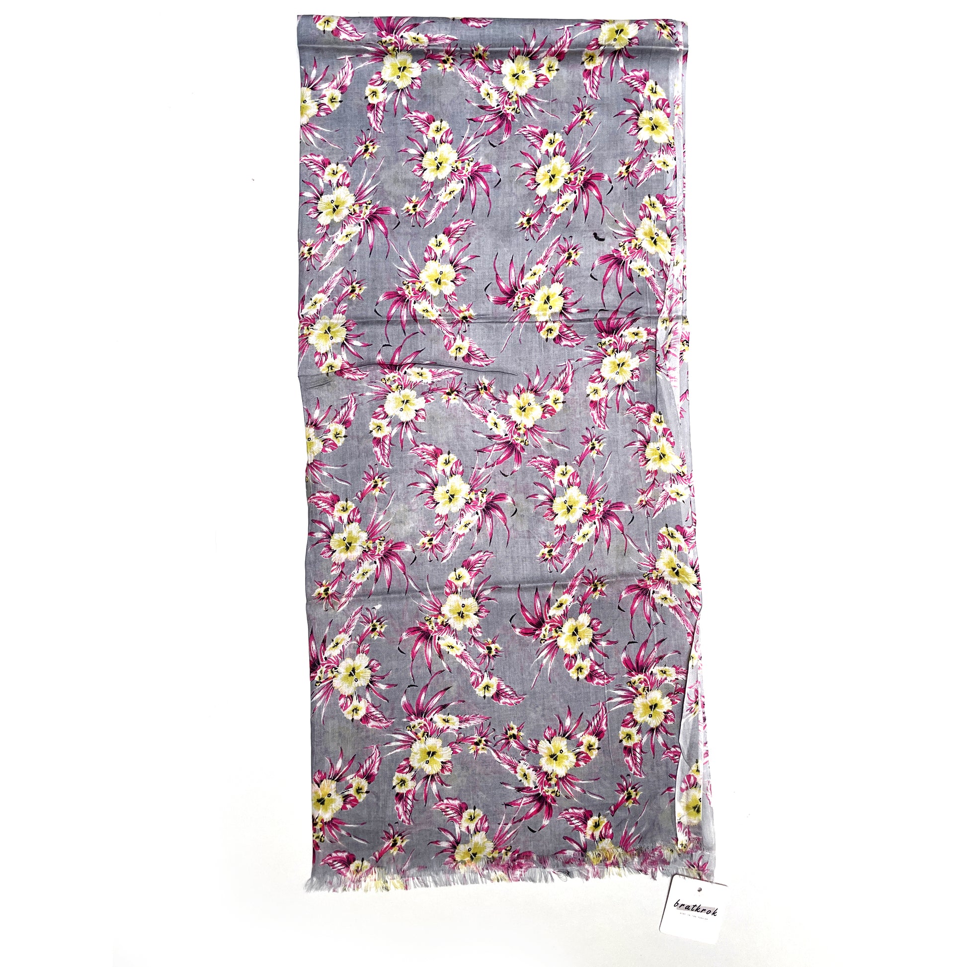 Cotton Rayon scarf flat lay showing grey floral stole
