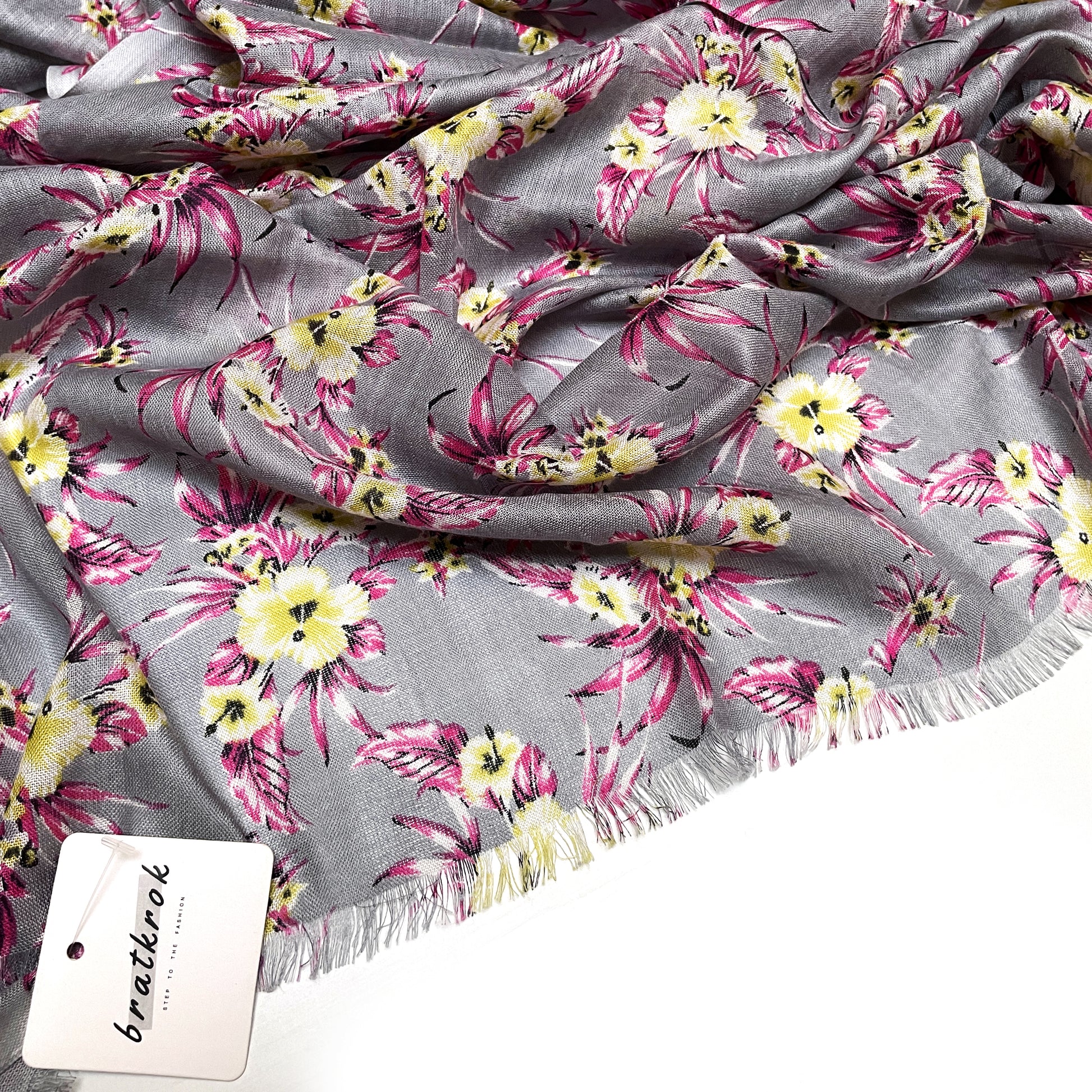 Cotton Rayon scarf texture close-up showing grey floral stole