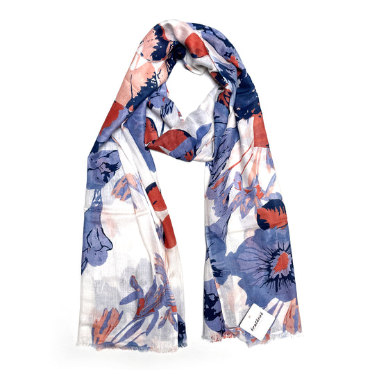 Cotton Rayon scarf flat lay showing white floral designed stole