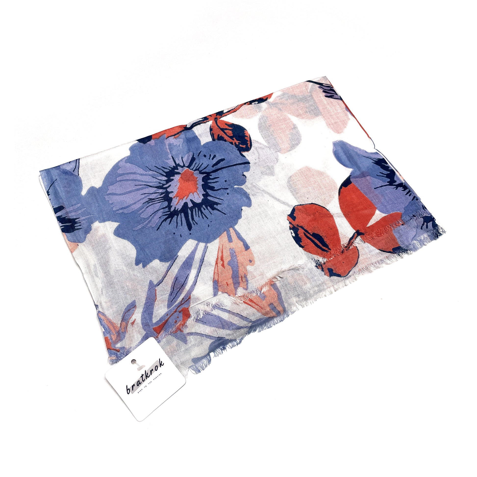 Cotton Rayon scarf flat lay showing white floral designed stole