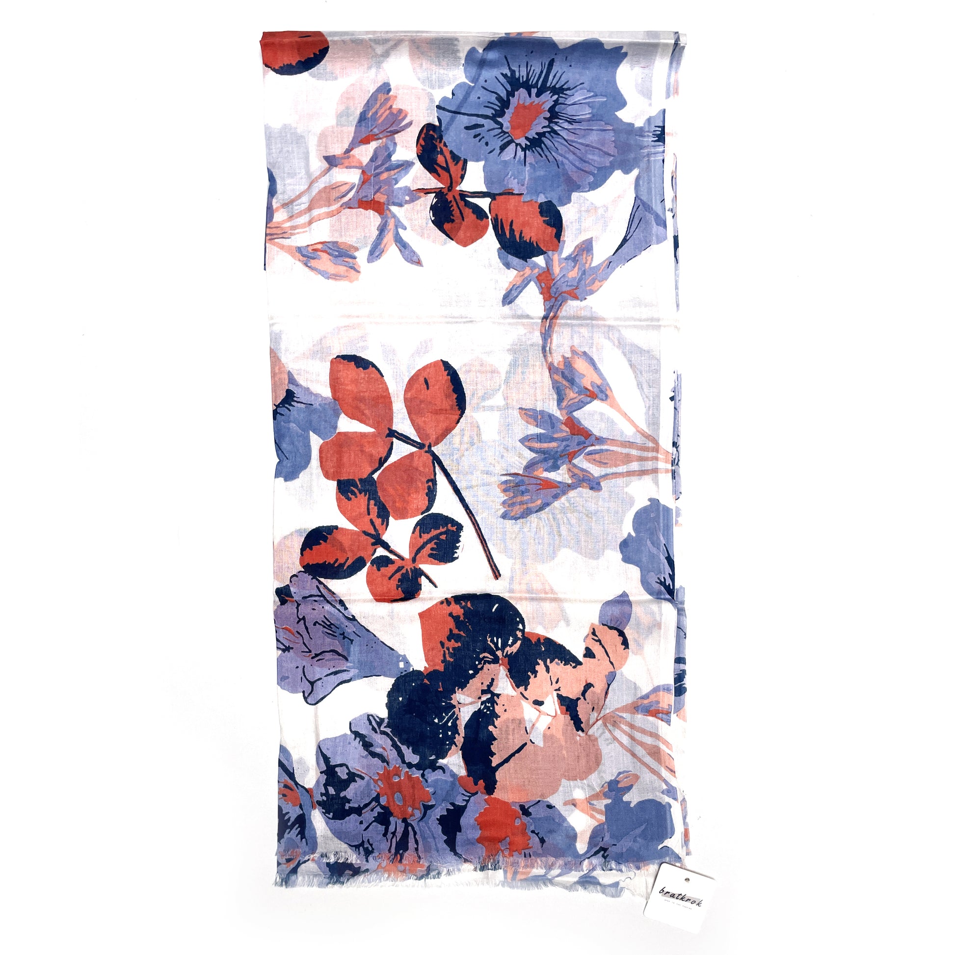 Cotton Rayon scarf flat lay showing white floral designed stole