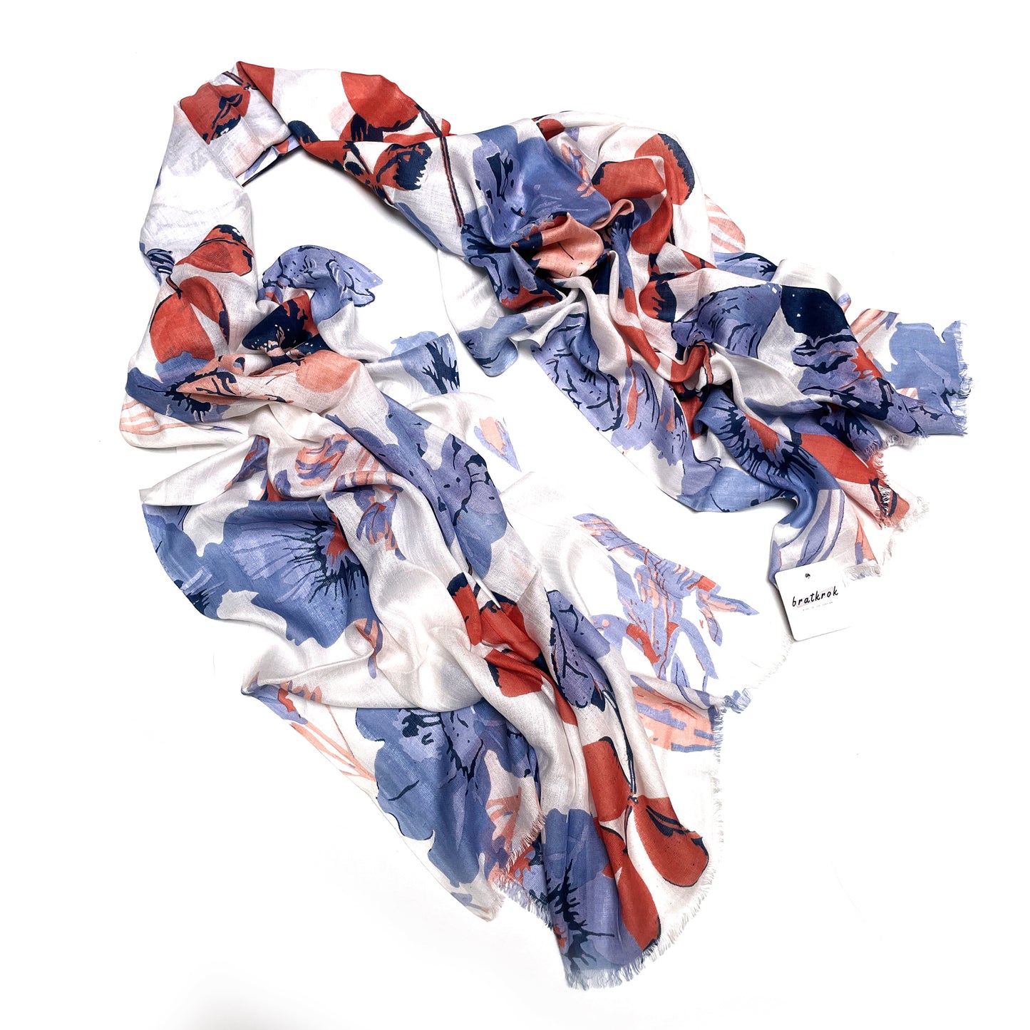 Cotton Rayon scarf flat lay showing white floral designed stole