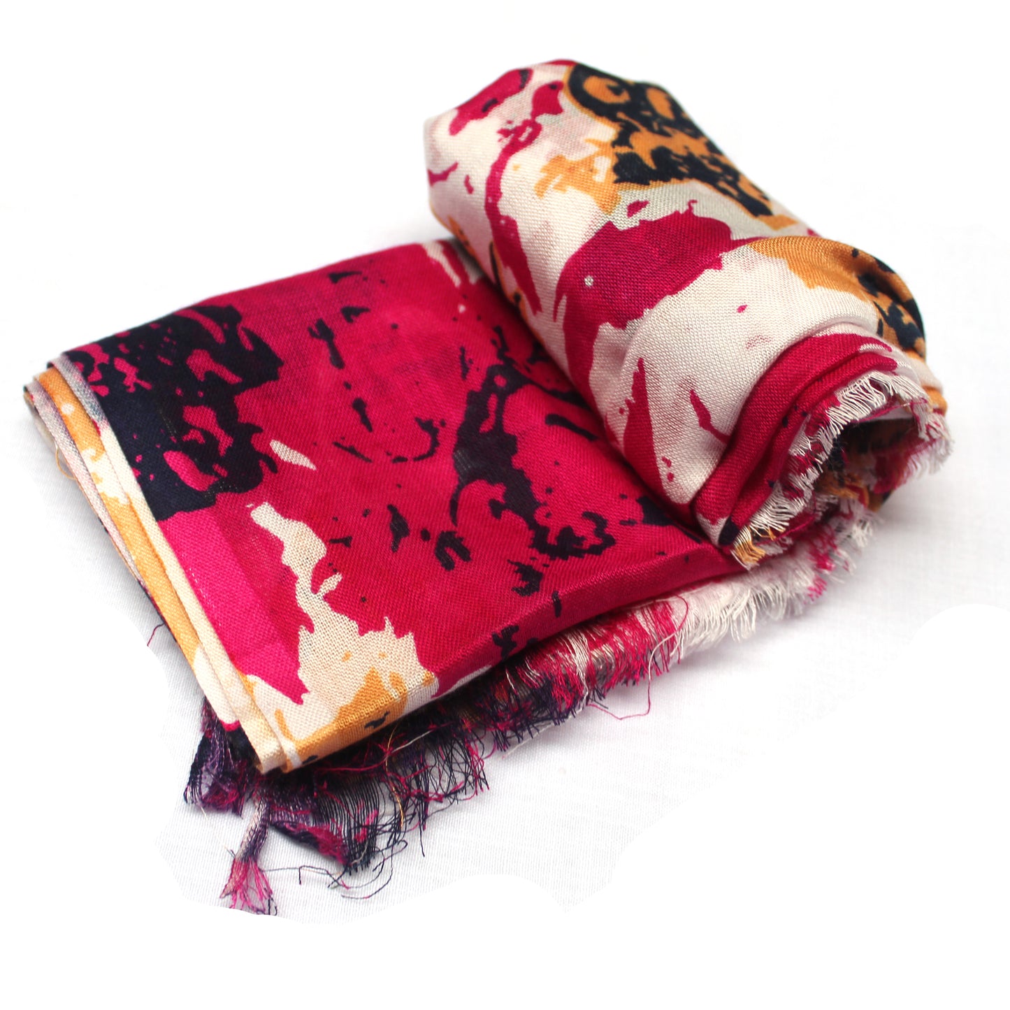 Cotton Rayon scarf flat lay showing darkpink floral abstract design