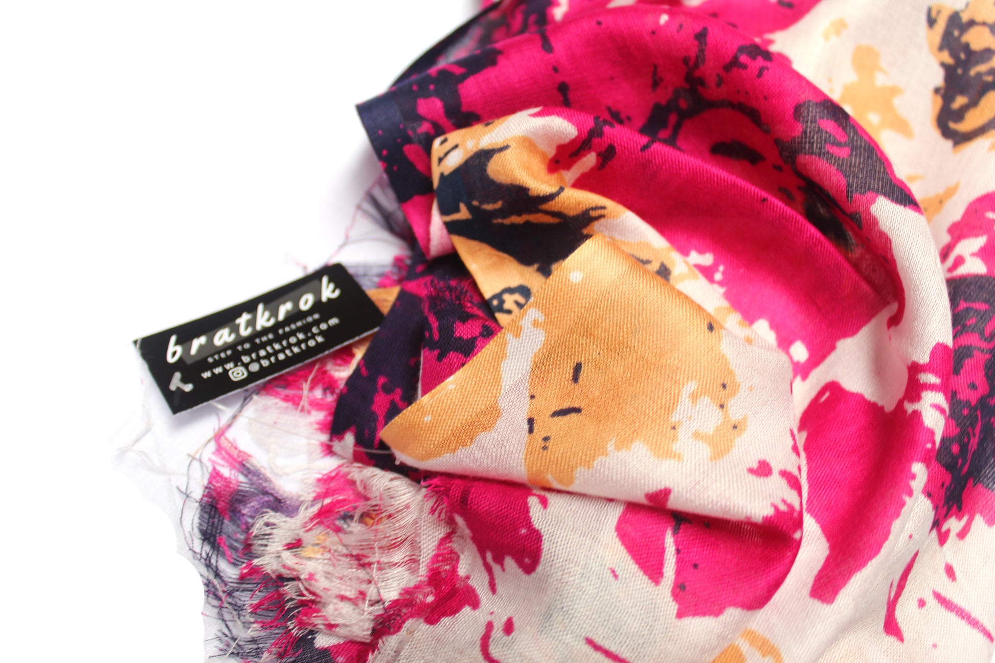 Cotton Rayon scarf texture close-up showing darkpink floral abstract design