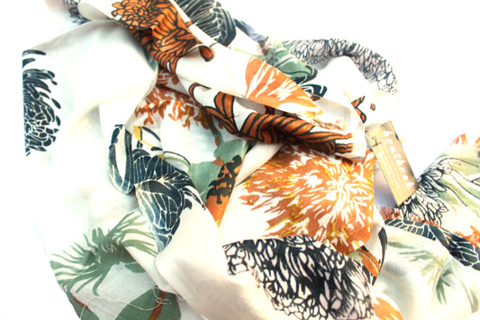 
Cotton Rayon scarf texture close-up showing white flowers