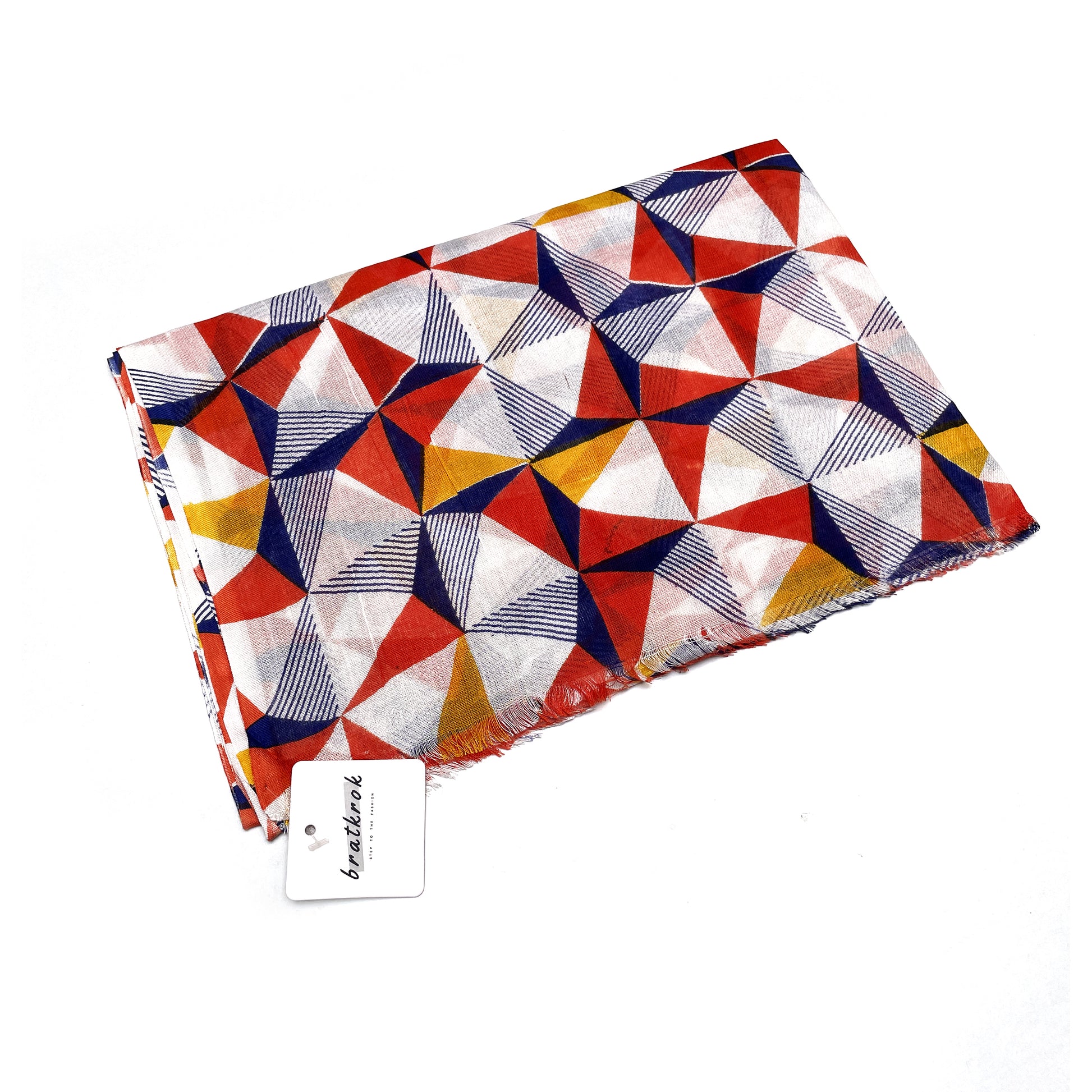 Cotton Rayon scarf flat lay showing orange multicolored geometric stole