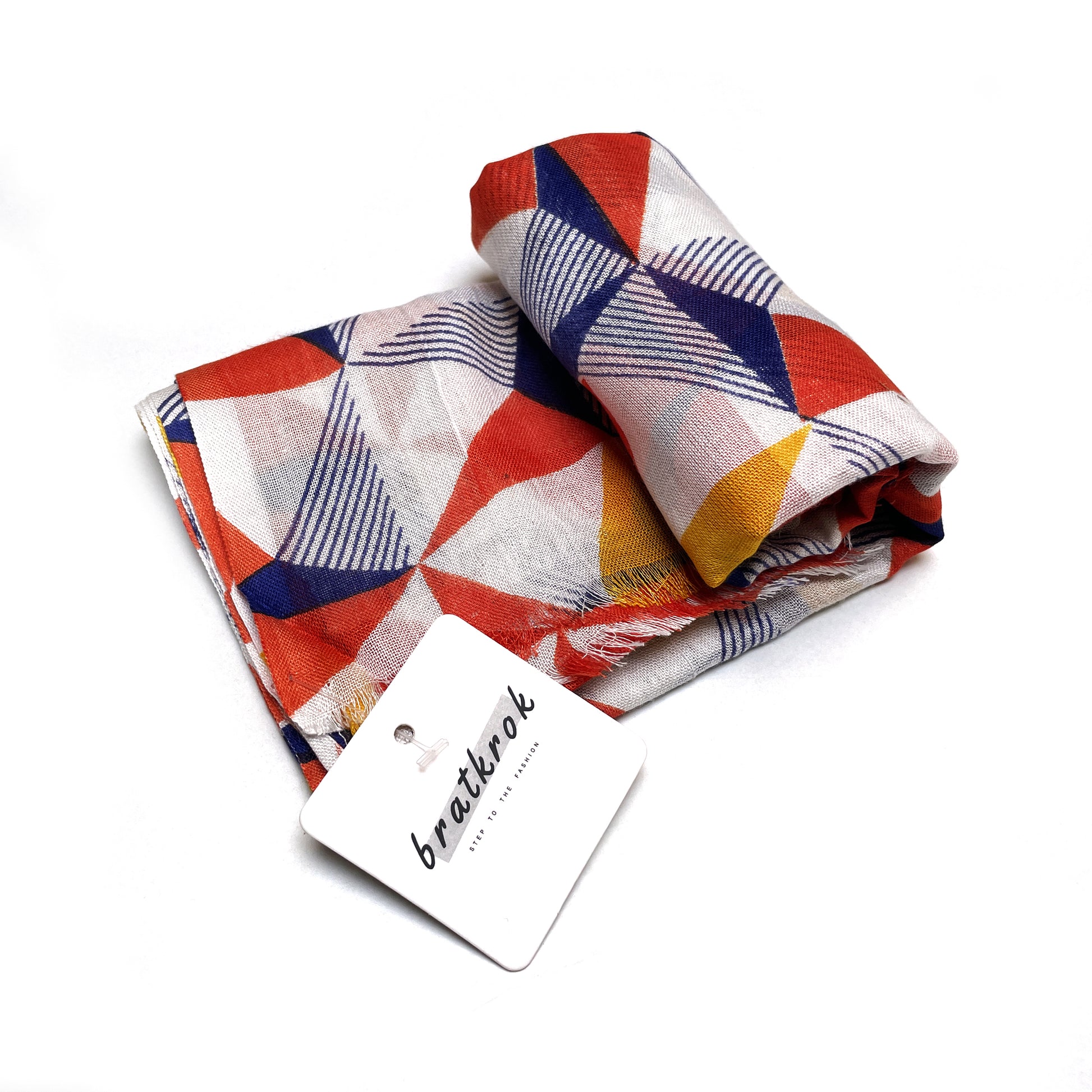 Cotton Rayon scarf flat lay showing orange multicolored geometric stole