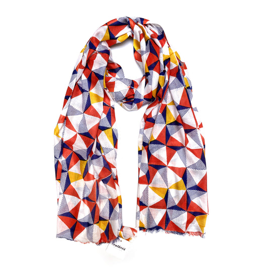 Cotton Rayon scarf flat lay showing orange multicolored geometric stole