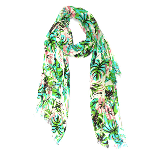 Cotton Rayon scarf flat lay showing green leafy designed stole