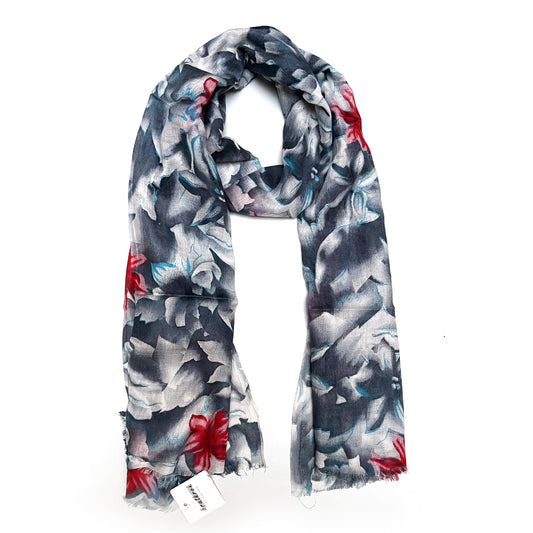 Cotton Rayon scarf flat lay showing grey colored floral stole