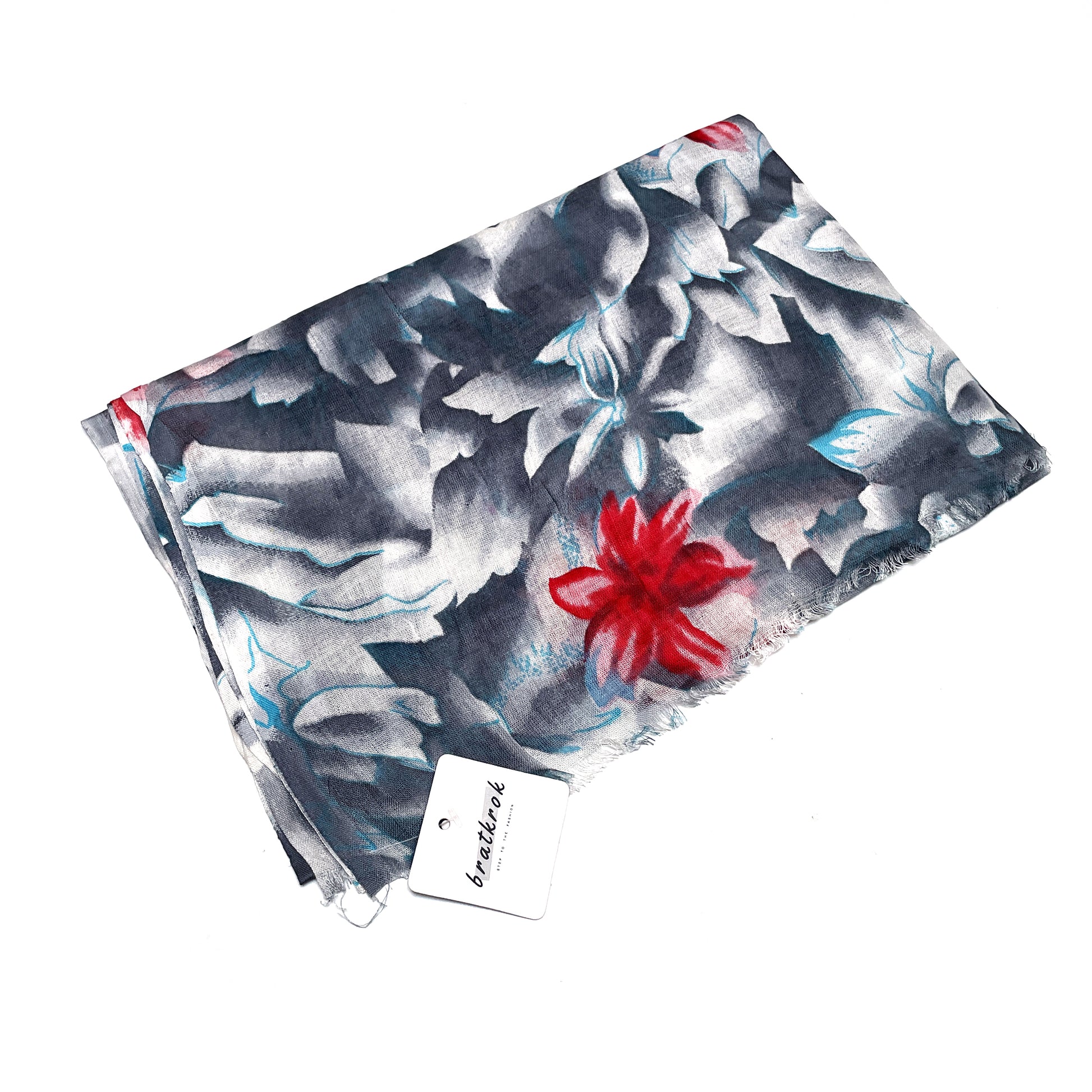 Cotton Rayon scarf flat lay showing grey colored floral stole