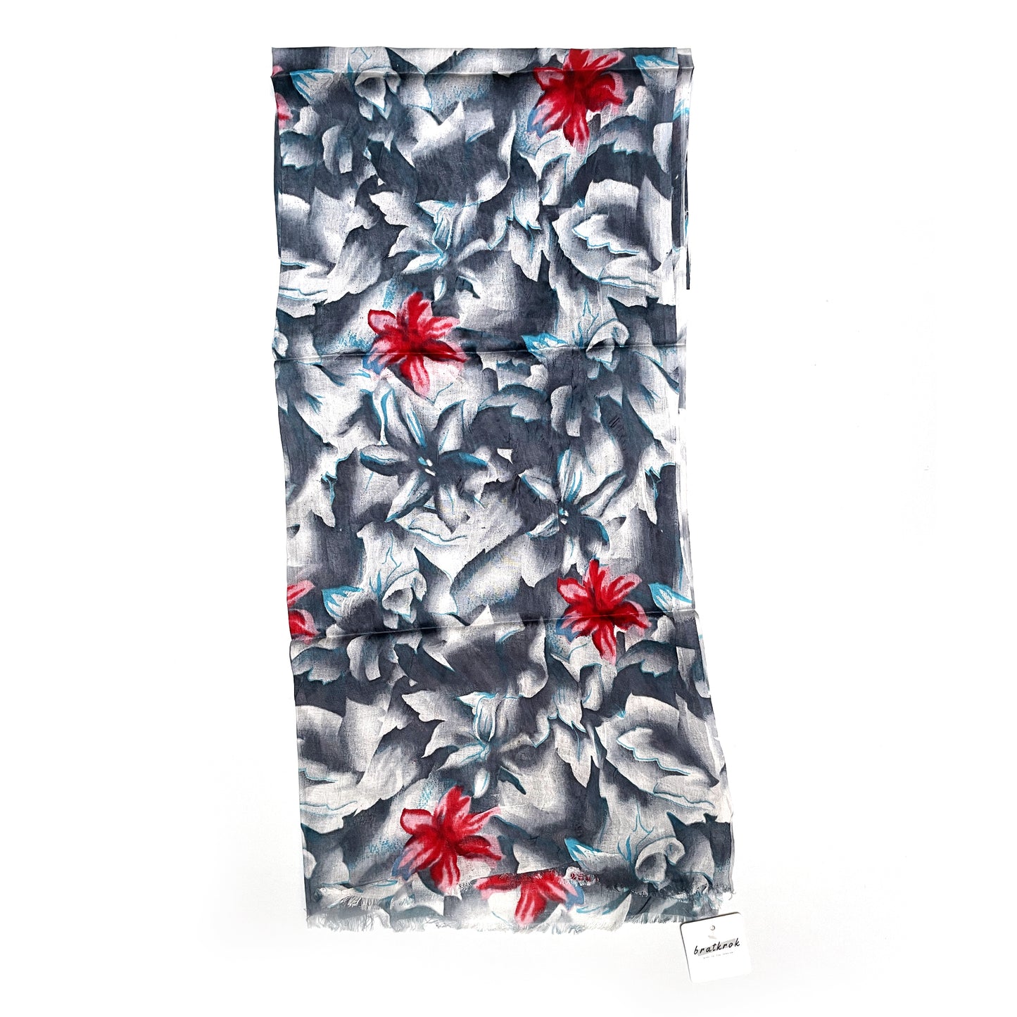 Cotton Rayon scarf flat lay showing grey colored floral stole
