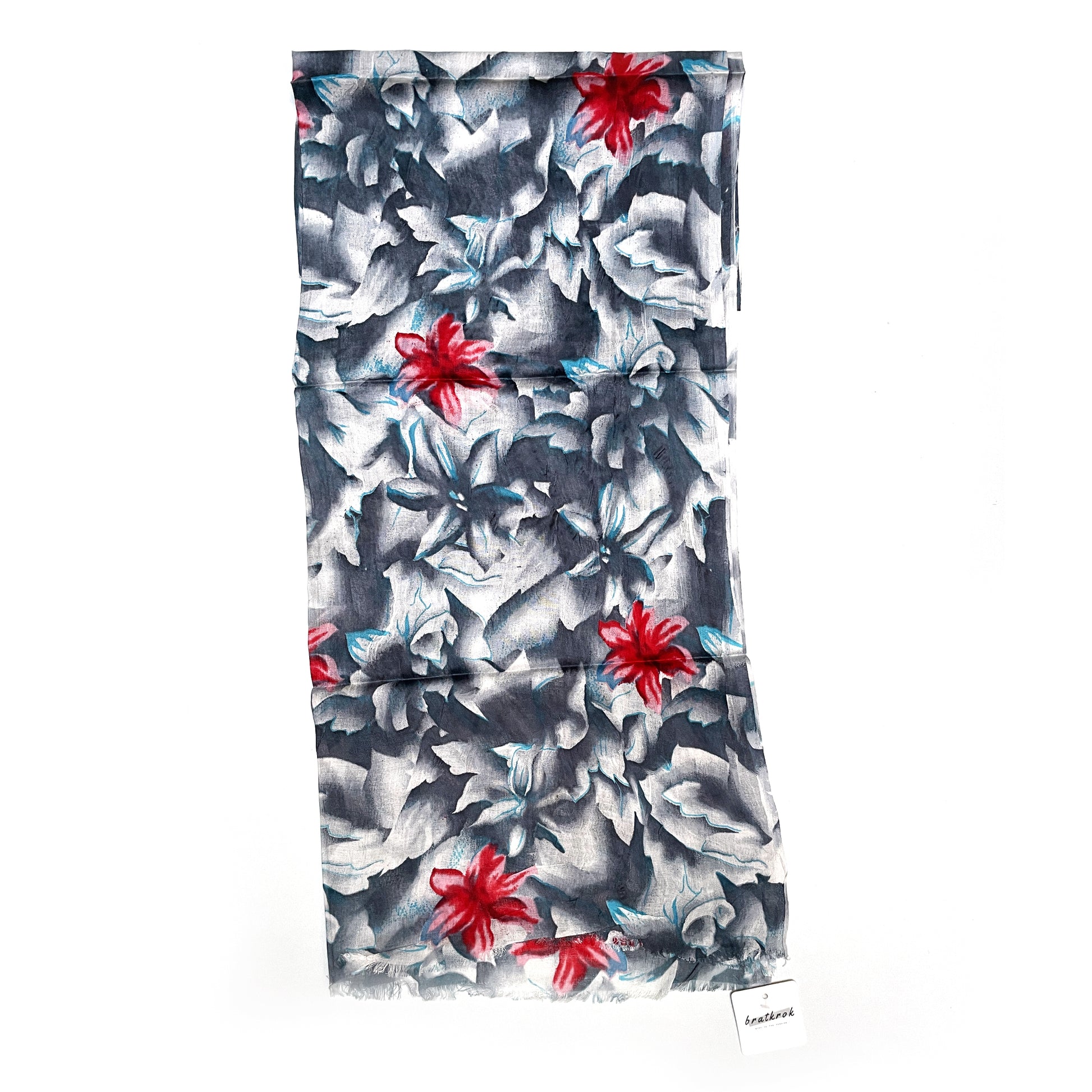 Cotton Rayon scarf flat lay showing grey colored floral stole