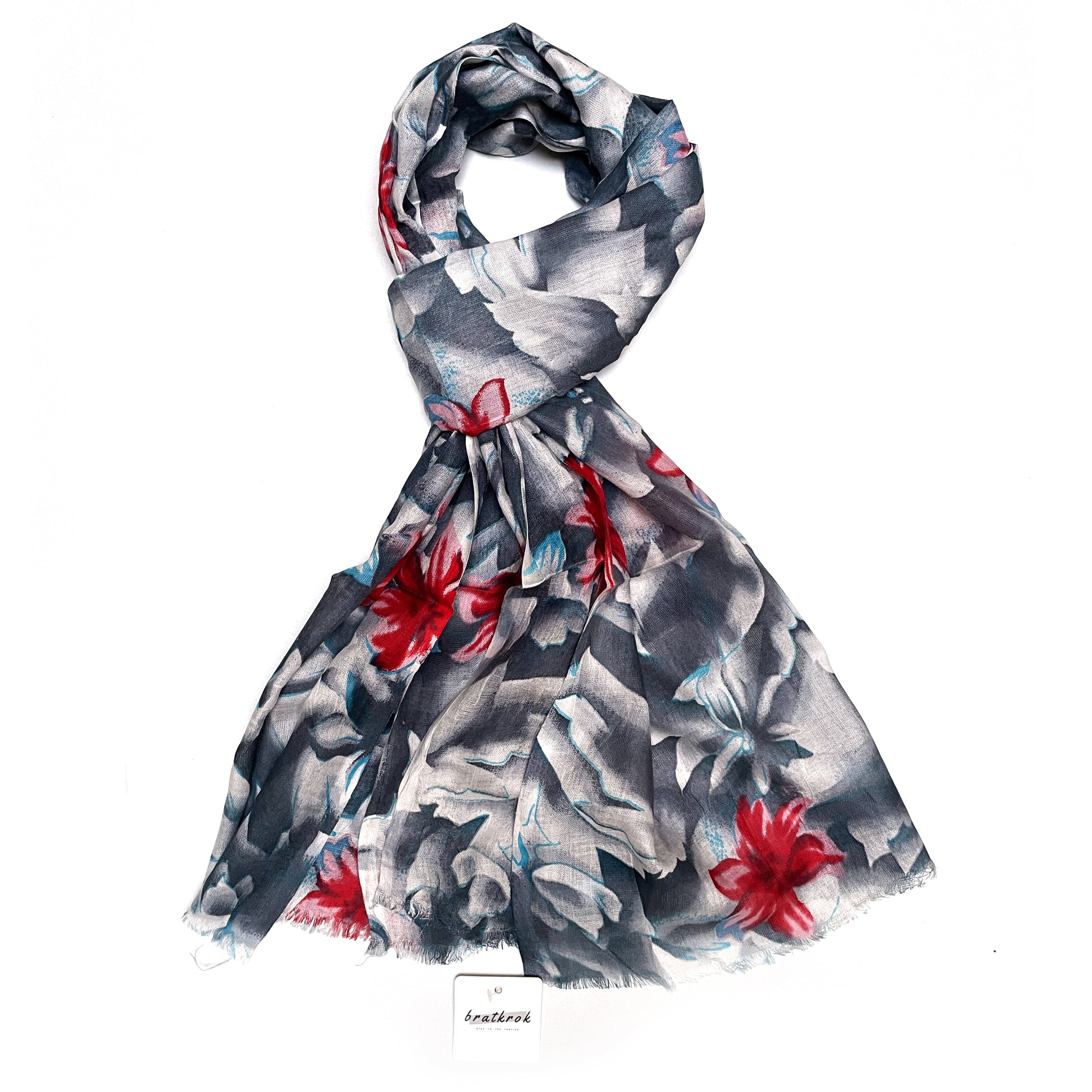 Cotton Rayon scarf flat lay showing grey colored floral stole