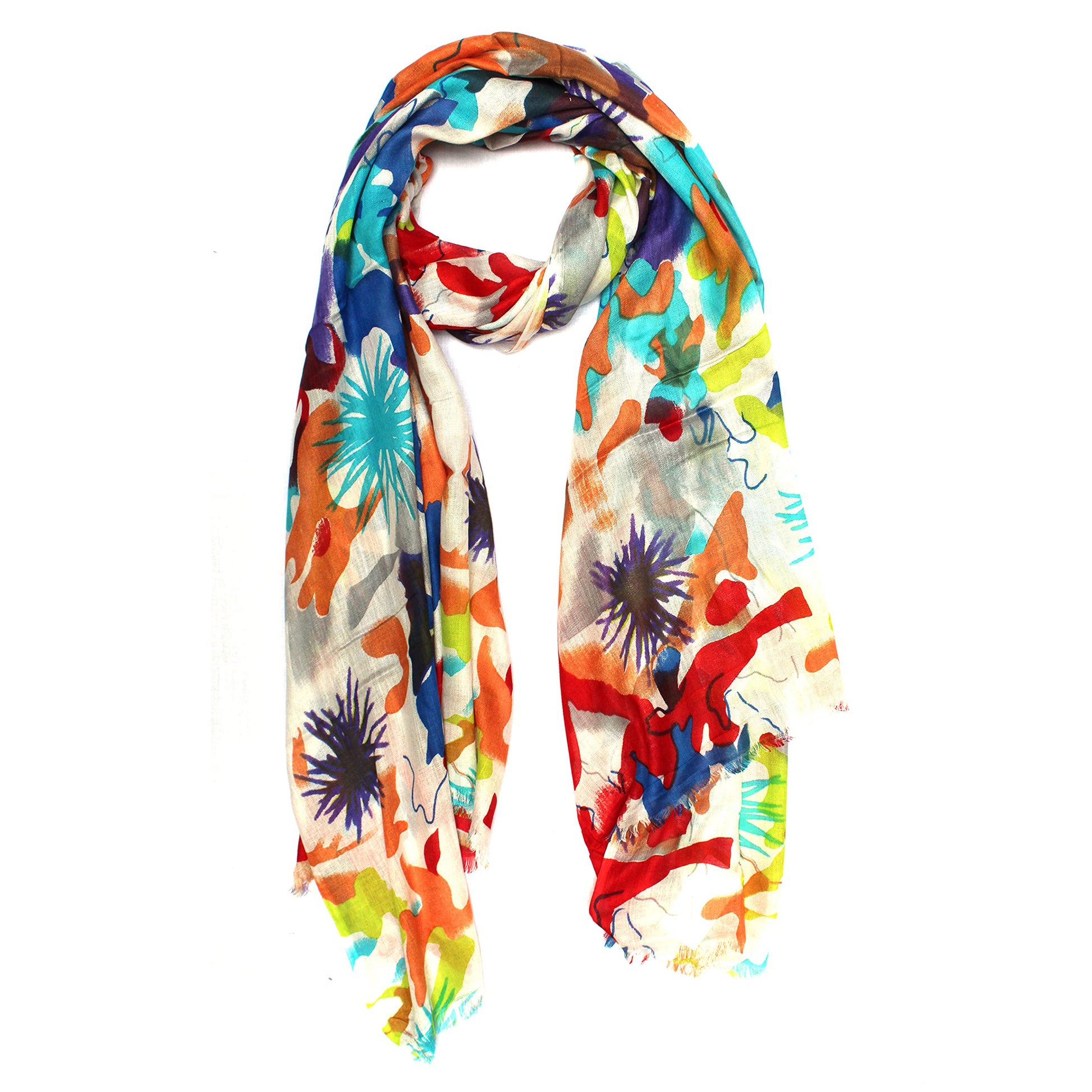Cotton-rayon scarf flat lay showing Vibrant colorful print