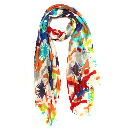 Cotton-rayon scarf flat lay showing Vibrant colorful print