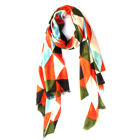 
Cotton Rayon scarf flat lay showing orange blue and green geometric stole
