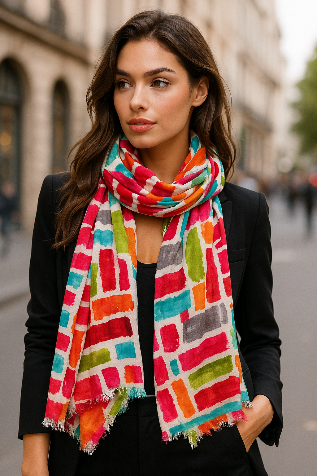 image of a model wearing bratkrok's multicolored squares printed scarf in a street