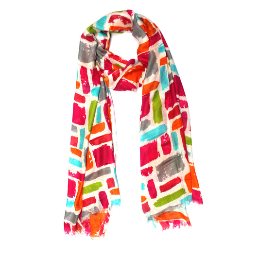 Cotton Rayon scarf flat lay showing multicolor squares printed stole