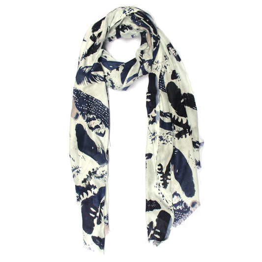 
Cotton Rayon scarf flat lay showing navy blue flowers