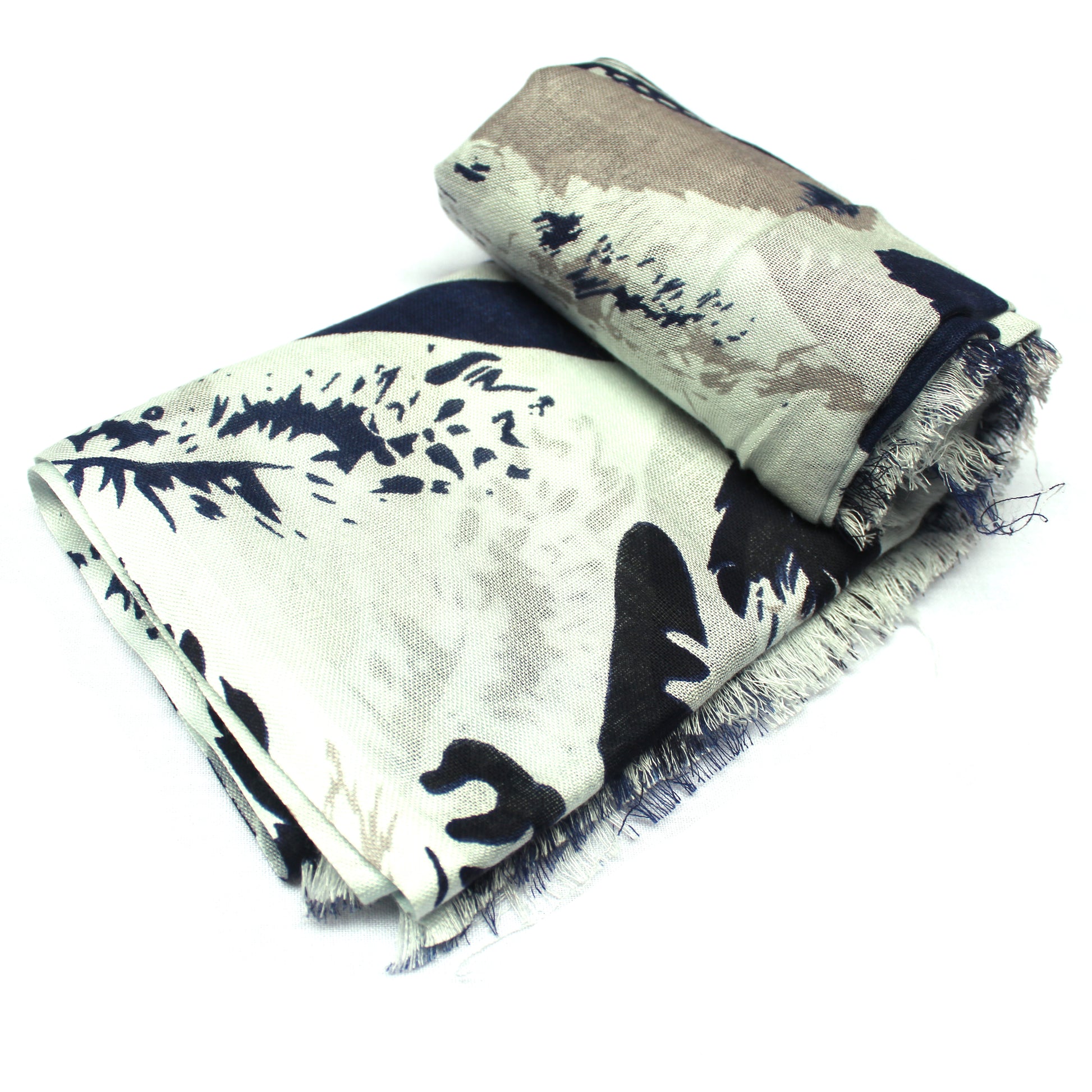 Cotton Rayon scarf flat lay showing 
Navy blue flowers