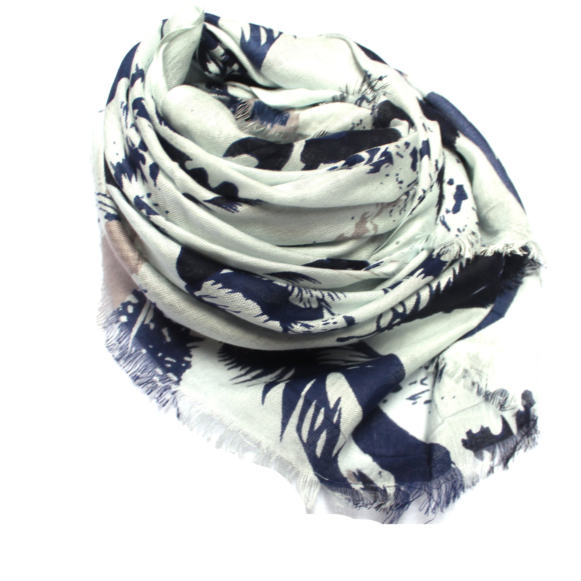 
Cotton Rayon scarf flat lay showing  navy blue flowers