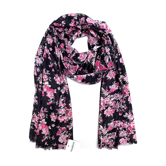 Cotton Rayon scarf flat lay showing black stole with pink flowers