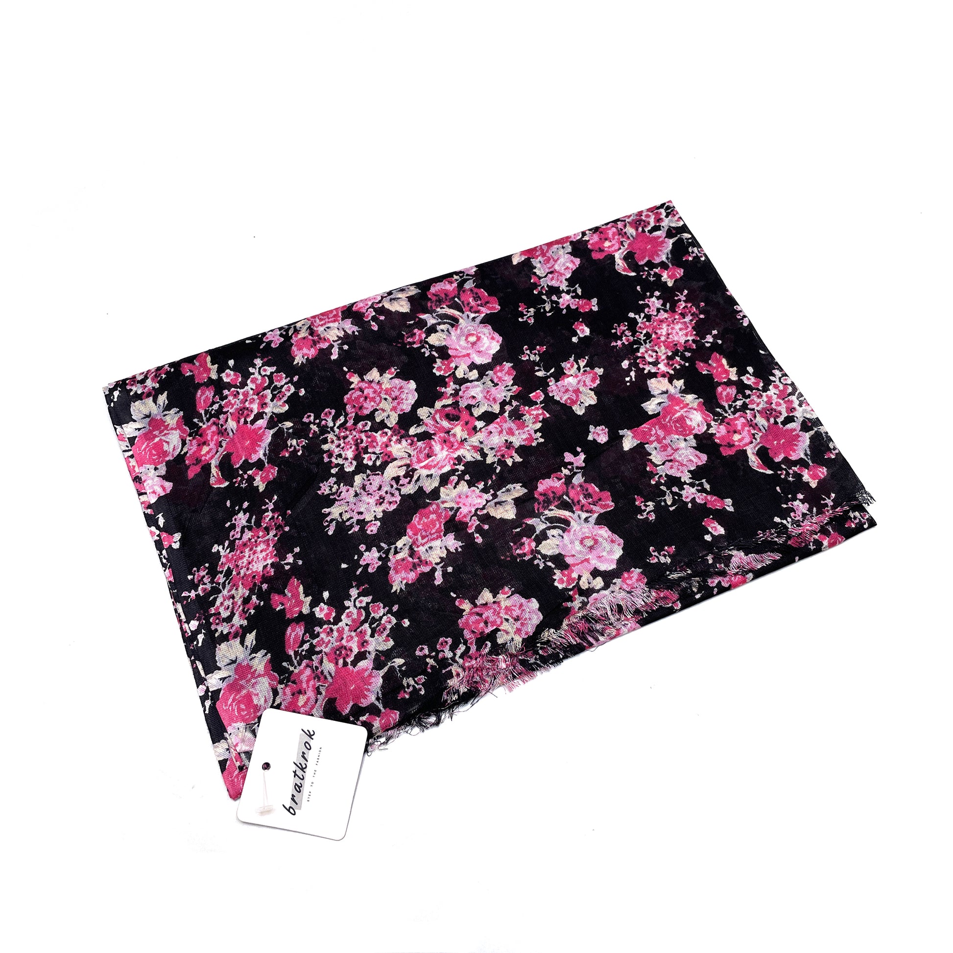 Cotton Rayon scarf flat lay showing black stole with pink flowers