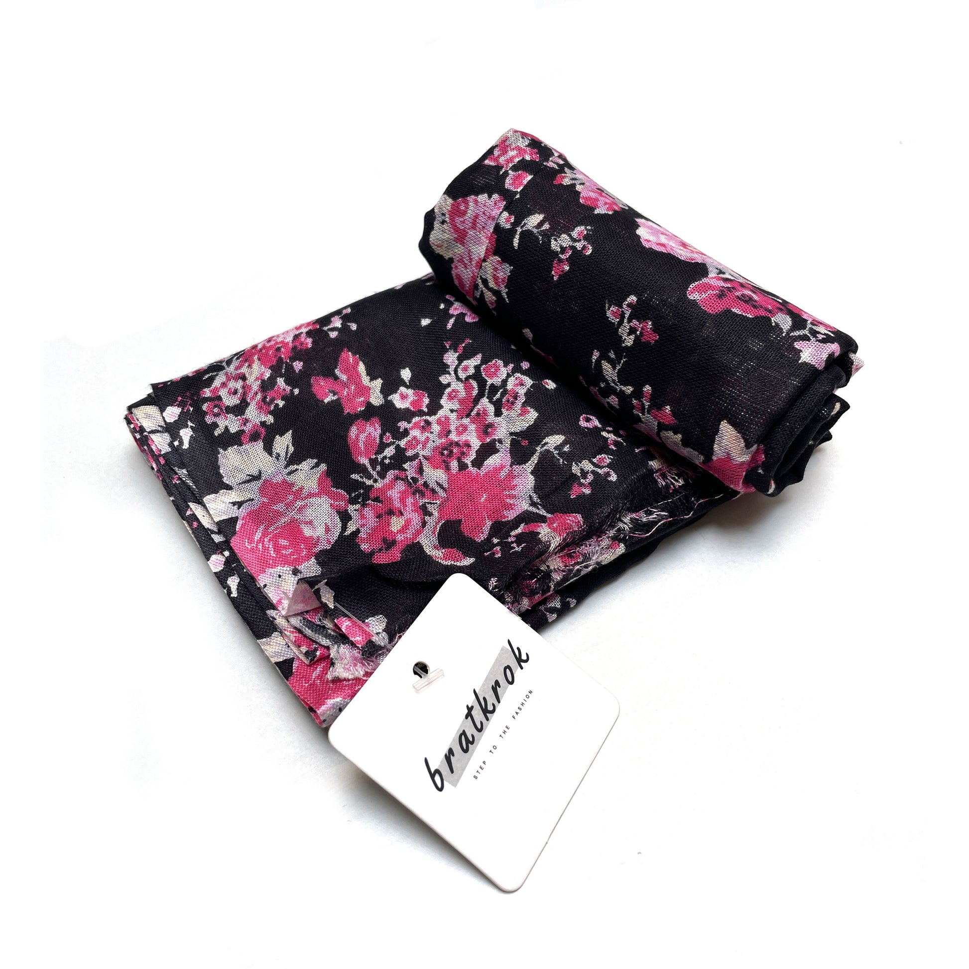 Cotton Rayon scarf flat lay showing black stole with pink flowers