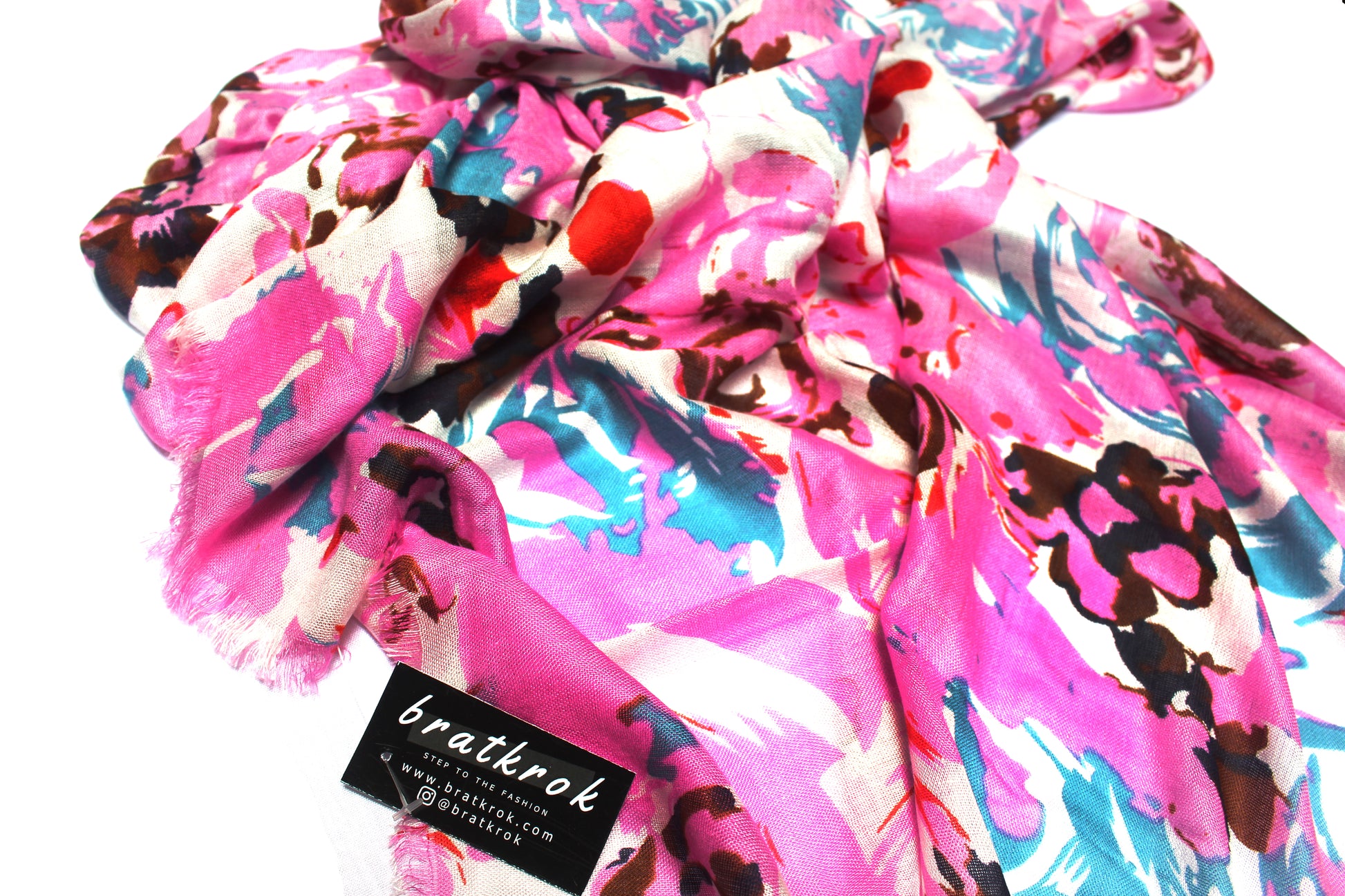 Cotton Rayon scarf texture close-up showing pink rose design