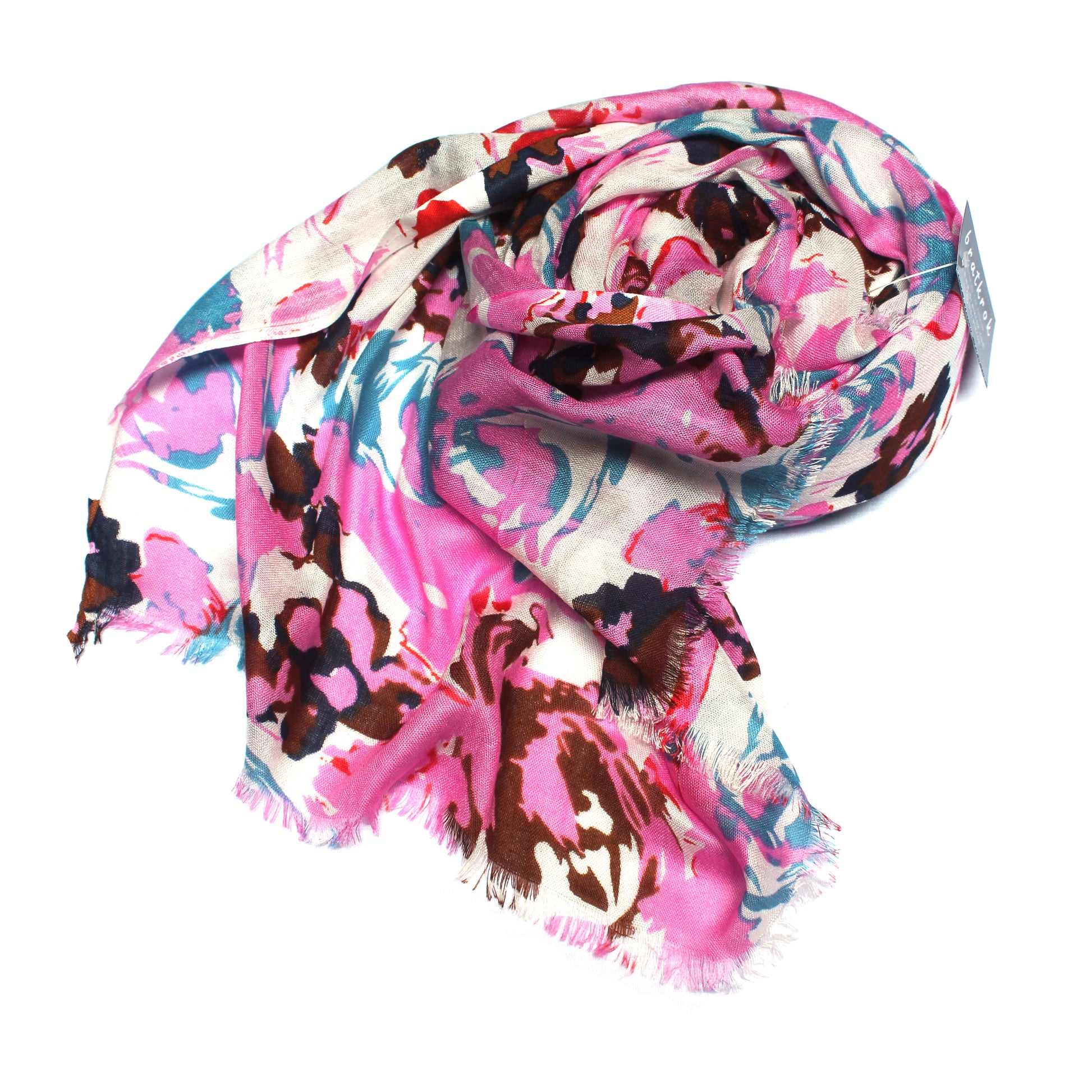 Cotton Rayon scarf flat lay showing pink rose design