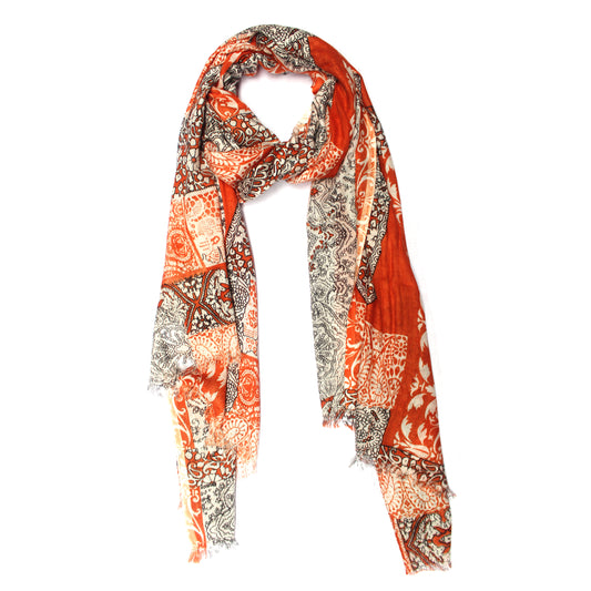 
Cotton Rayon scarf flat lay showing retro style orange floral stole
