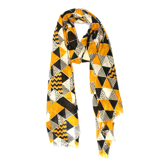 Cotton Rayon scarf flat lay showing yellow geometric design