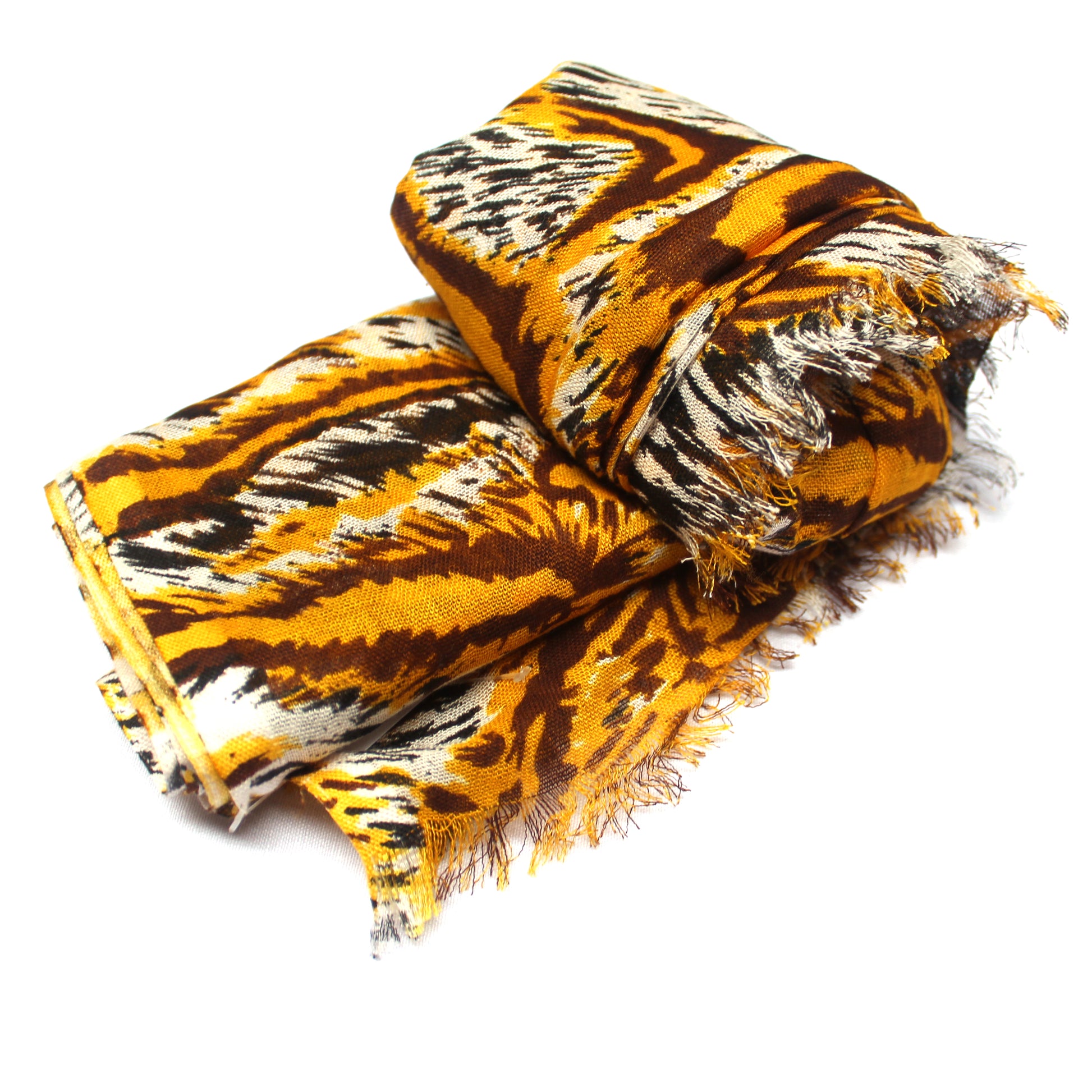 Cotton Rayon scarf flat lay showing tiger skin prints