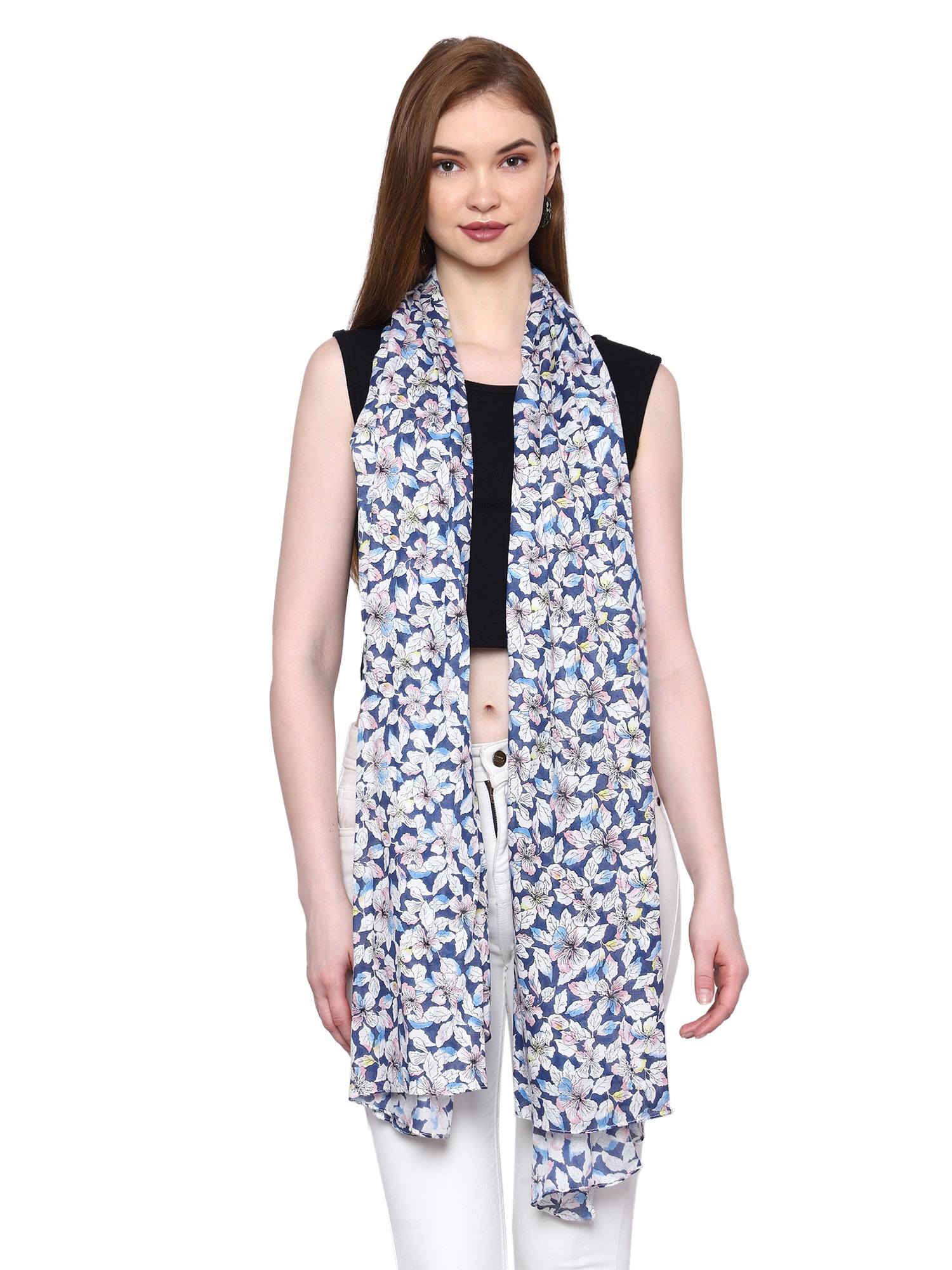 Bratkrok Multicolor Floral Printed Rayon Scarf for Women, Lightweight Summer Stole Nile Blue