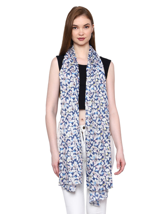 Bratkrok Multicolor Floral Printed Rayon Scarf for Women, Lightweight Summer Stole Nile Blue